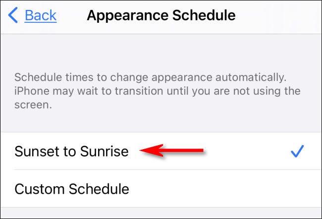 In iPhone Settings, tap Sunset to Sunrise.
