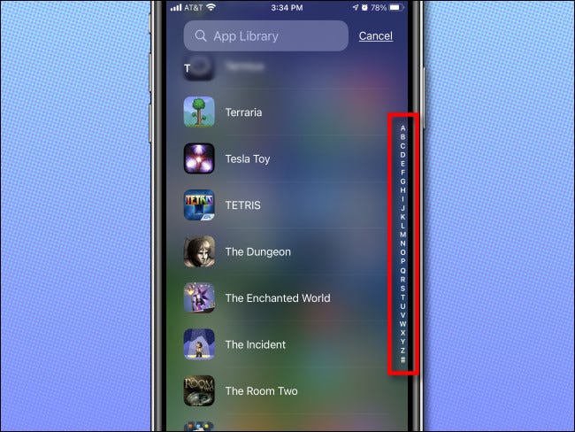 The quick index letters on the side of the alphabetical App Library list on iPhone.