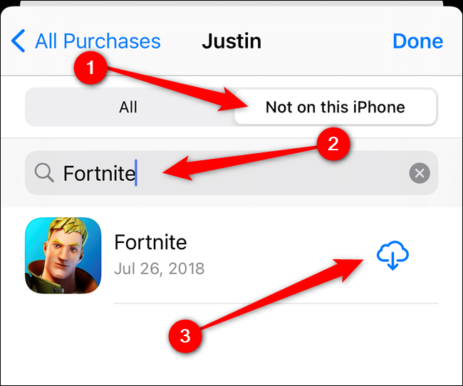 Switch to the Not on this iPhone tab, search for Fortnite, and then select the Download button
