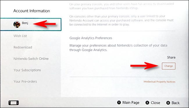 On the account information screen, scroll down to the bottom of the page to the Google Analytics section and tap Change. 