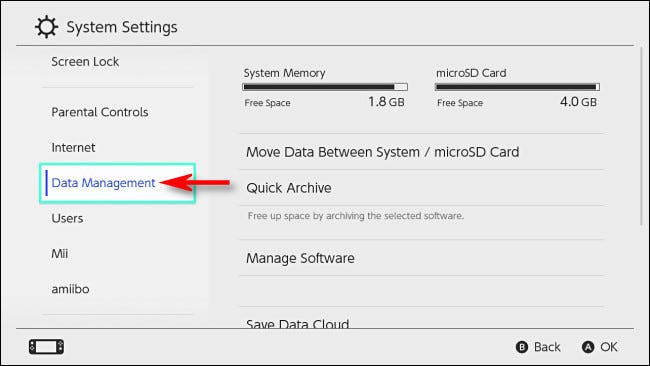 In Switch System Settings, select Data Management.