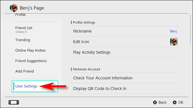 On your Switch profile page, select User Settings.
