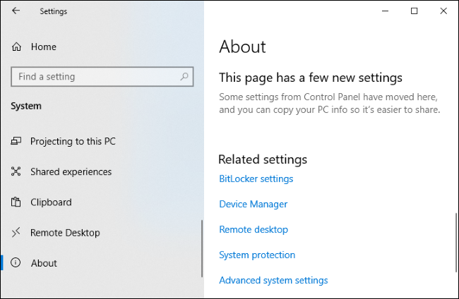 The About page in Windows 10's Settings app showing related settings links