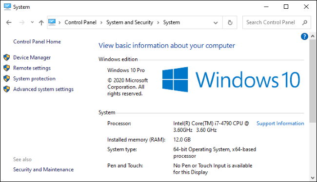 The System screen in Windows 10's Control Panel.