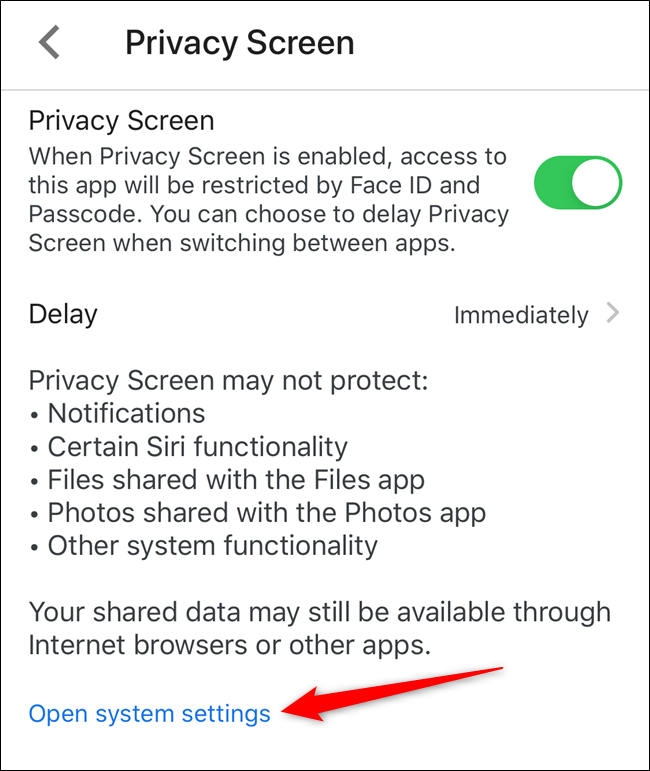 Tap the Open System Settings link to adjust Face ID or Touch ID settings