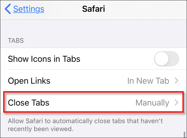 Tap Close Tabs in Safari Settings on iPhone