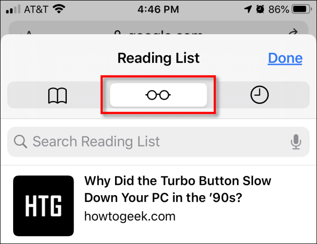Tap the glasses icon in Safari on iPhone to access the Reading List