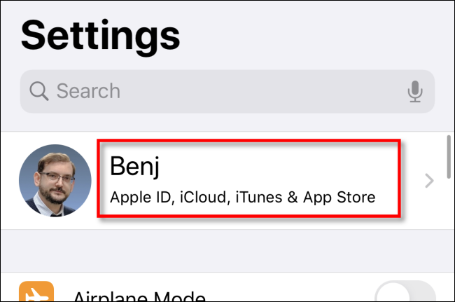 Tap your account name in Settings on iPhone