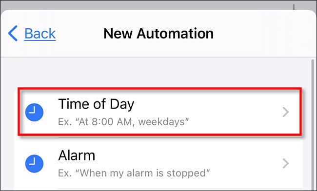 In iPhone Shortcuts, tap Time of Day.