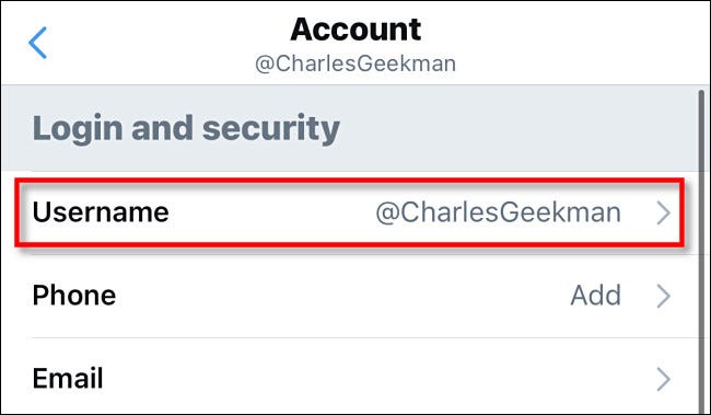 In Twitter settings, tap Username.
