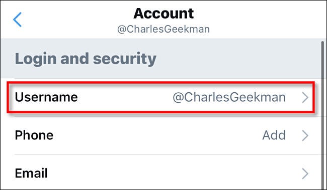 In Twitter settings, tap Username.