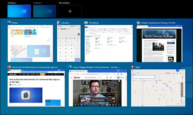 An example of Windows 10 Task View with many windows open.