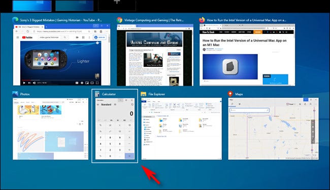 Selecting an app window in Windows 10 Task View using cursor keys.