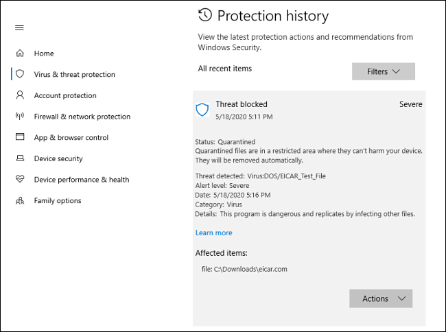 A detailed view of a threat in Protection history on Windows 10