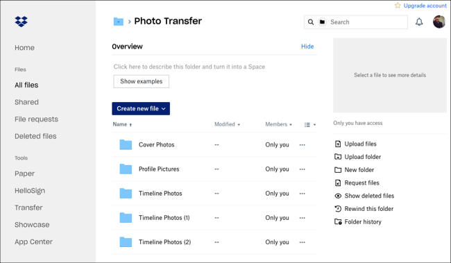 Transfer Facebook photos and videos to Dropbox