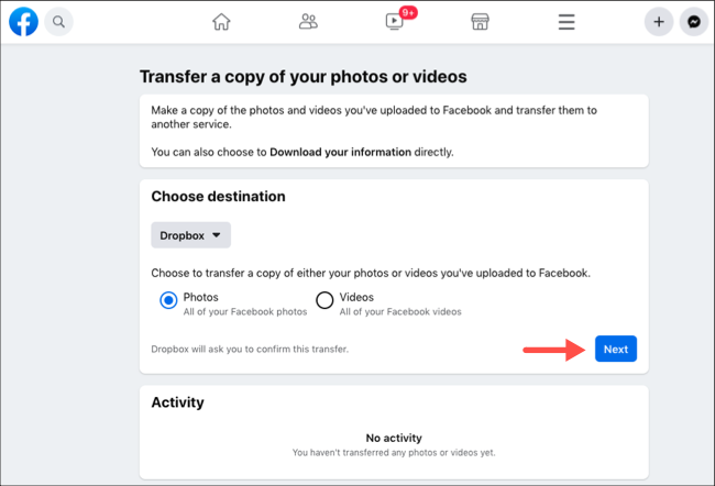 Transfer Facebook photos or videos