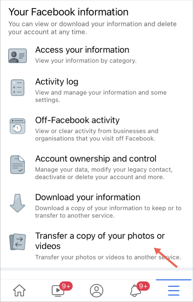 Select transfer photos and videos option on Facebook app