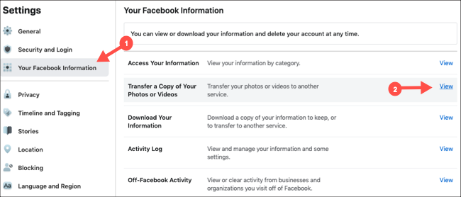 Select Transfer Copy of Pictures and Videos in Facebook settings