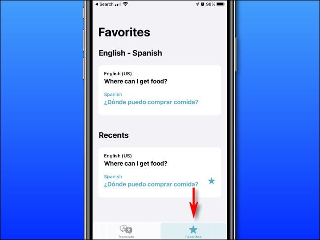 In Apple Translate on iPhone, tap the Favorites button.