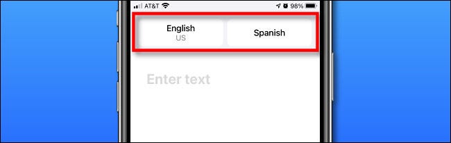 The language selection buttons in Apple Translate on iPhone.