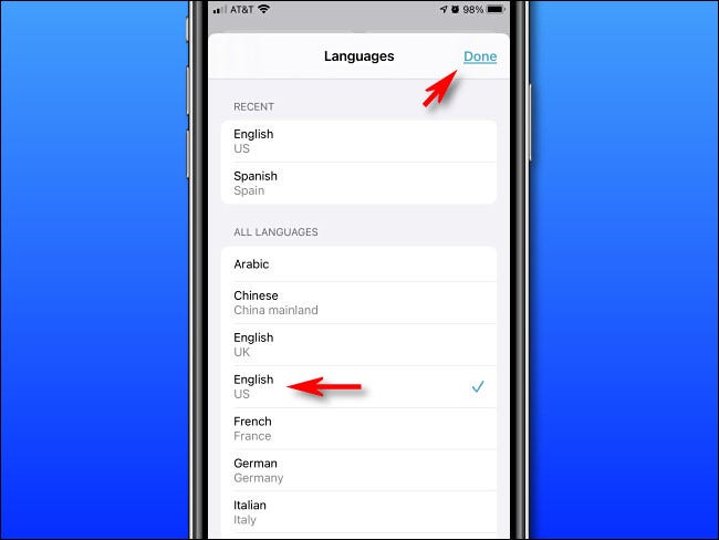 In Apple Translate on iPhone, select a language from the list, then tap Done.