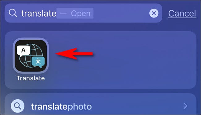 Open Spotlight and type Translate then tap the icon.
