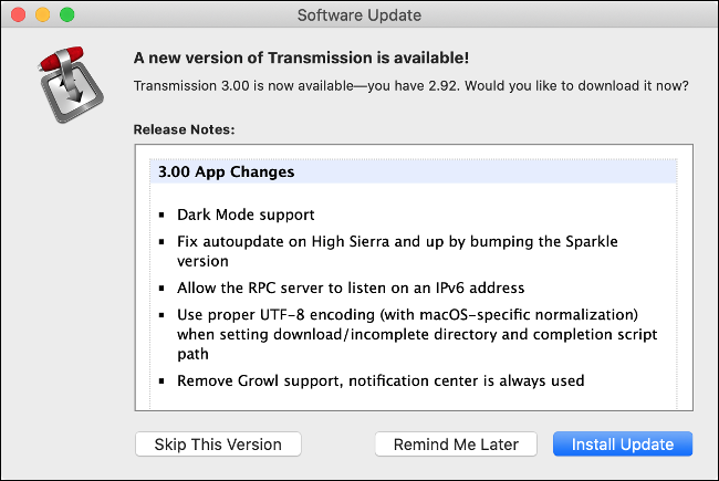 A Software Update menu for the Transmission app.