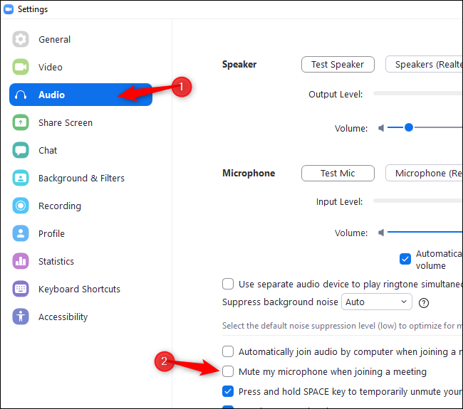 Select Audio and enable Mute my microphone when joining a meeting in Zoom Settings