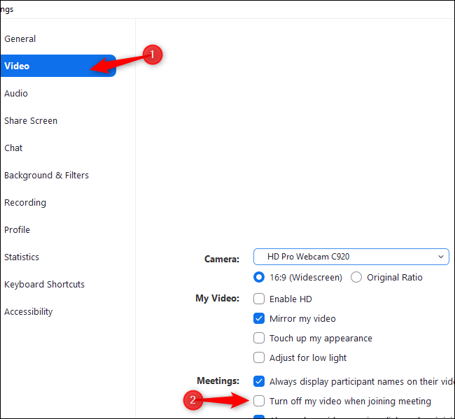 Click Video and select Turn off my video when joining a meeting in Zoom settings