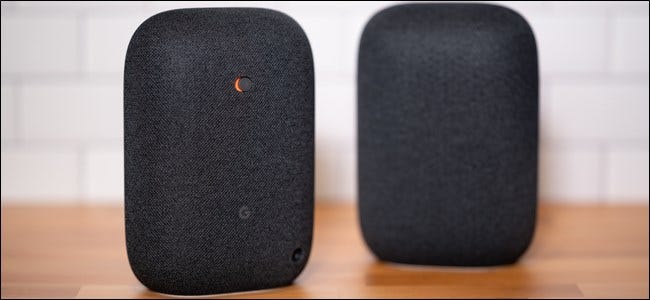 Two Google Nest Audio speakers.