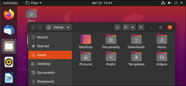 Ubuntu 20.04's Nautilus file manager and desktop with the dark theme enabled