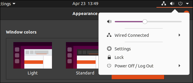 Ubuntu's dark theme with a light panel menu