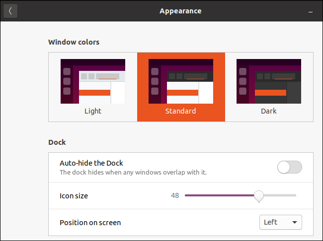 Ubuntu's appearance window with the standard theme selected.