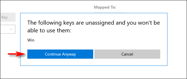Click Continue Anyway in PowerToys Keyboard Manager on Windows 10