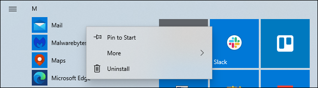 Uninstalling Windows 10's Mail app from the Start menu.