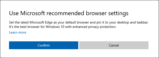 The Use Microsoft recommended browser settings dialog on Windows 10.