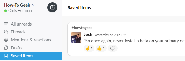 Viewing Saved Items in Slack for desktop.