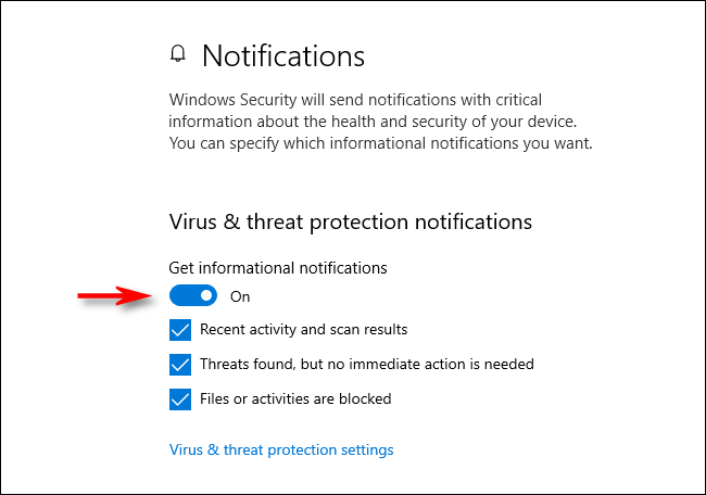 Virus and threat protection notifications in Windows 10