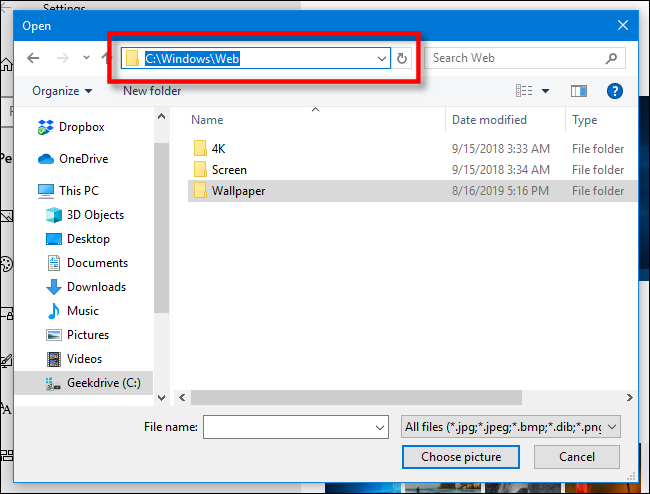 Browsing the Windows 10 default wallpaper directory