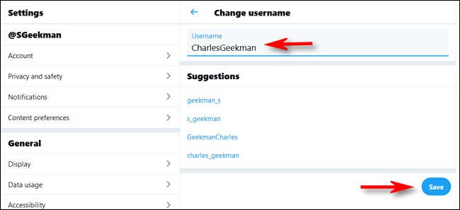 In Twitter on the web, enter the new user name and click Save.