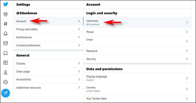 In Twitter on the web, click Accounts and then Username.