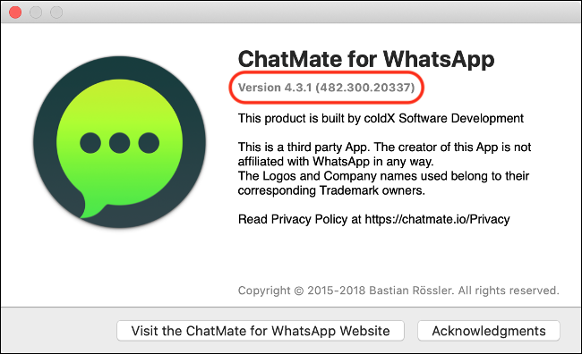 An About dialog box for WhatsApp with the version number.