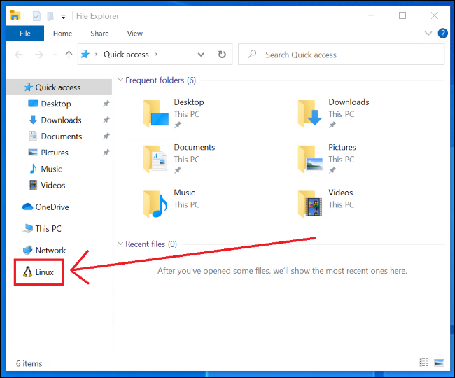A Linux option, complete with Tux, in File Explorer's sidebar