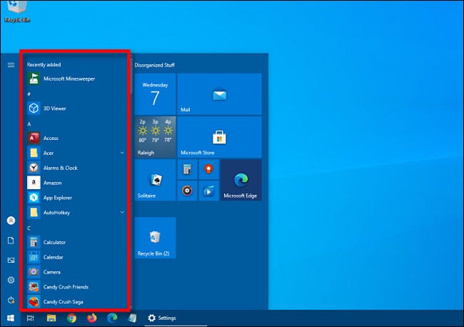 An example of a Windows 10 Start menu with the app list.