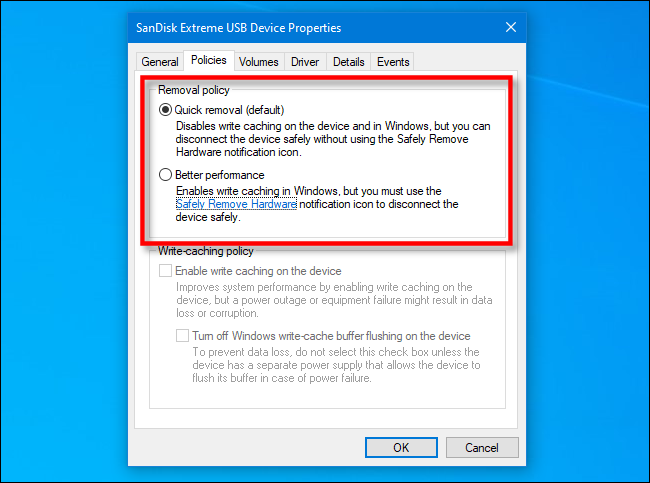 Checking USB drive removal policy in Device Manager in Windows 10