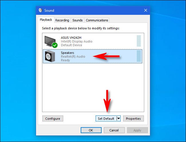 In Windows 10, click the speakers in the list and click the Set Default button.