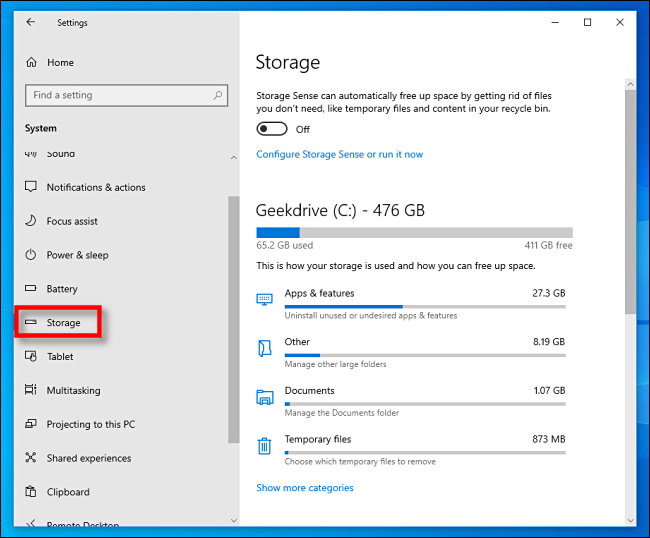 Click Storage in Windows 10 Settings