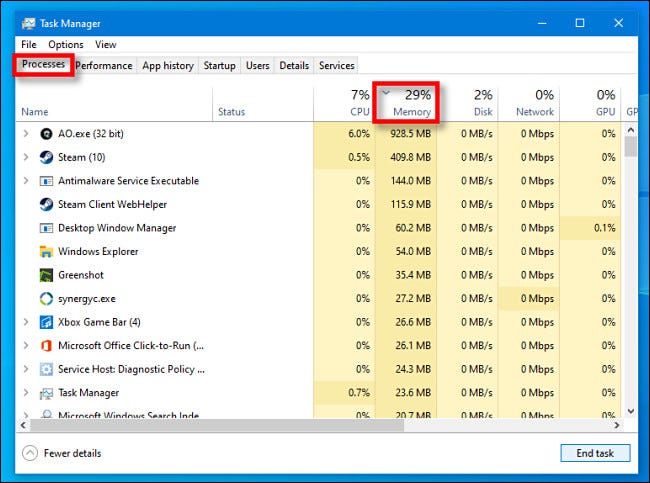 In Task Manager for Windows 10, click the Processes tab, then click the Memory column header.