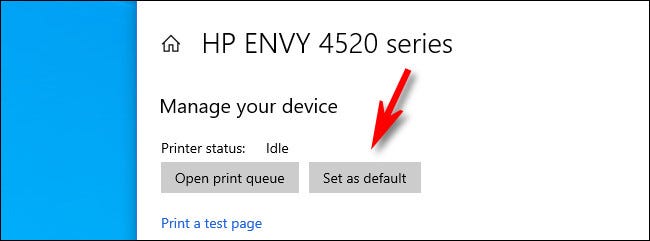 In Windows 10 printer settings, click Set as default.