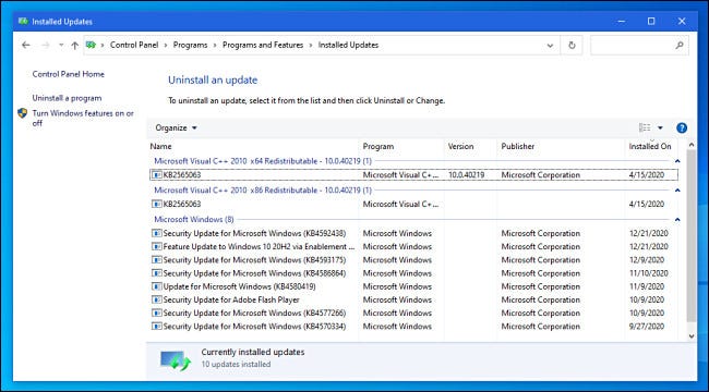 Viewing installed updates in Windows 10 Control Panel.
